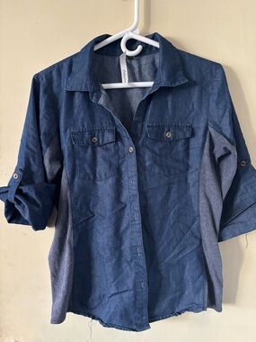 Unlisted Denim-Look Navy Button Front Blouse with Heather Side Panels